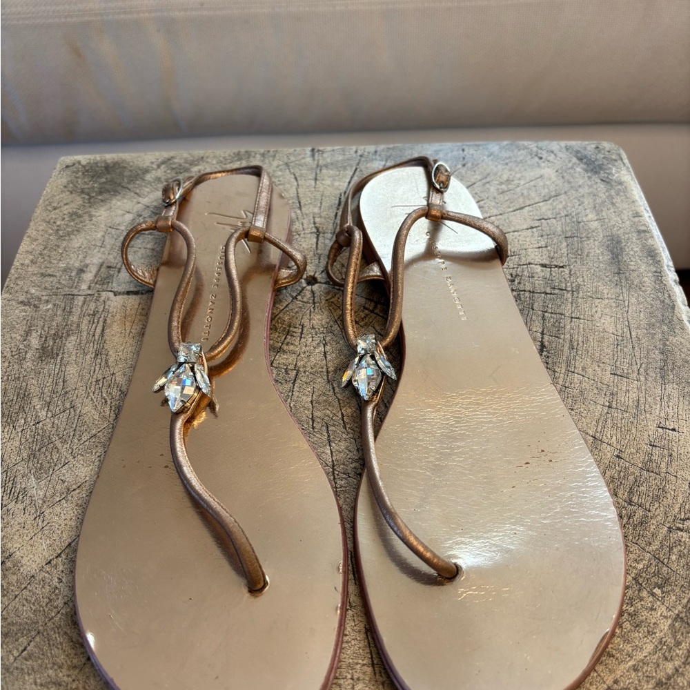 Giuseppe Zanotti Metallic Bronze Jeweled T-Strap Sandals